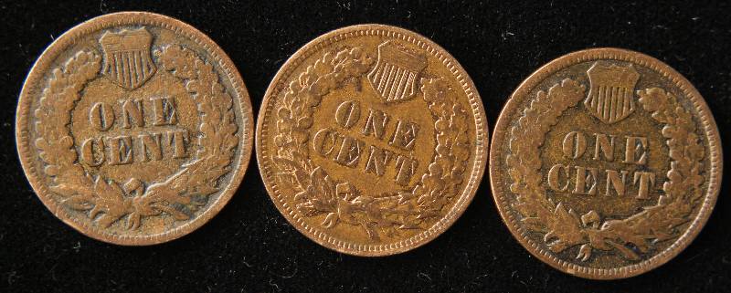 3 INDIAN HEAD CENTS 1891 VG, 1904 VF & 1908 G
