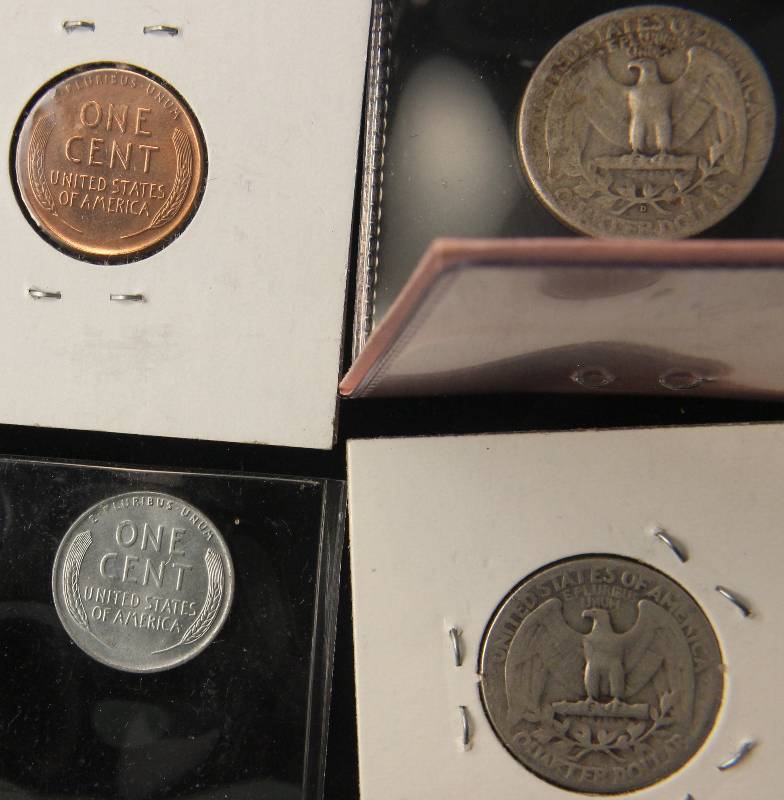2 SILVER WASHINGTON QUARTERS & 2 WHEAT CENTS