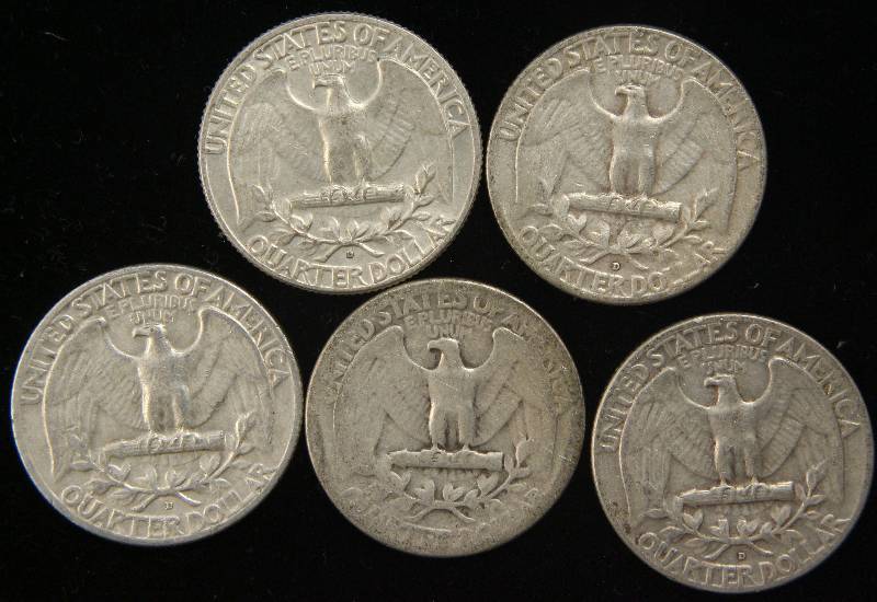 5 MIXED DATE SILVER WASHINGTON QUARTERS