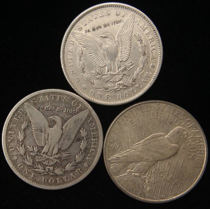 3 SILVER DOLLARS 1884, 1889 MORGAN & 1922-D PEACE