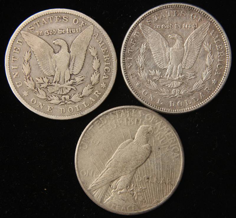 3 SILVER DOLLARS 1885, 1901-O MORGAN & 1922-S PEACE