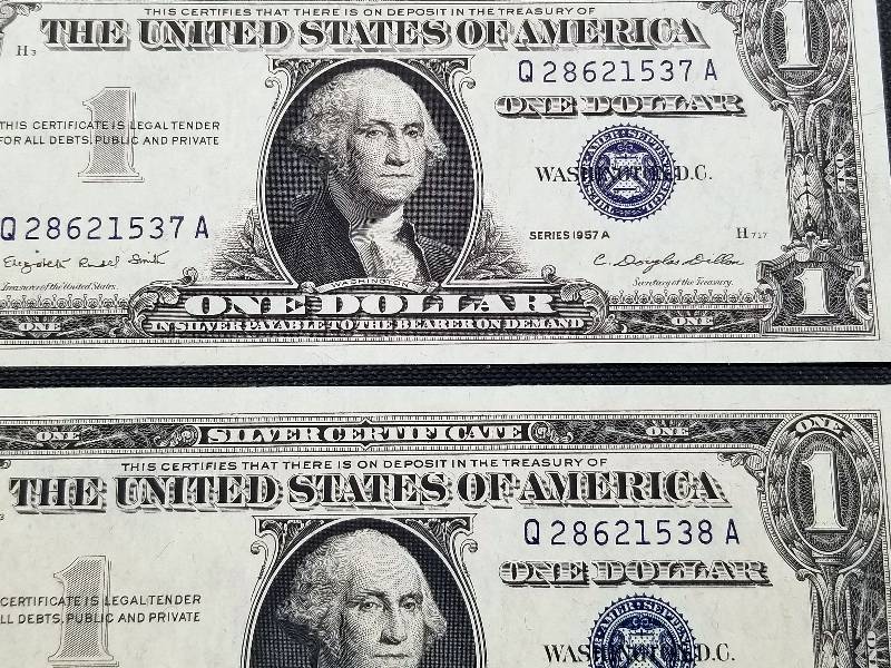 (2) CONSECUTIVE SERIAL1957-A $1 SILVER CERTIFICATES UNC