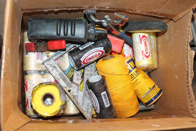 lot 20 image: Box of Wire, Chalk, Nylon String Rolls, Small Hand Tools