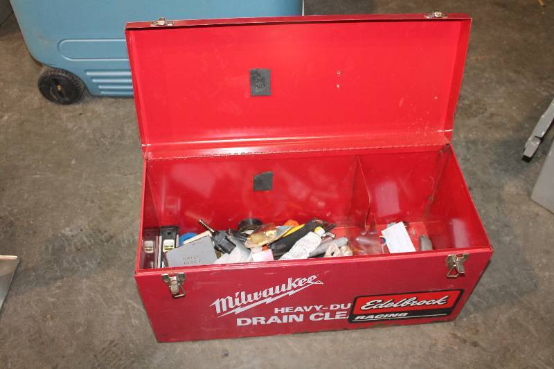 lot 32 image: Milwaukee Heavy Duty Metal Tool Box w Tools - Wrenches, Box Cutters, Grinding Disc, And More