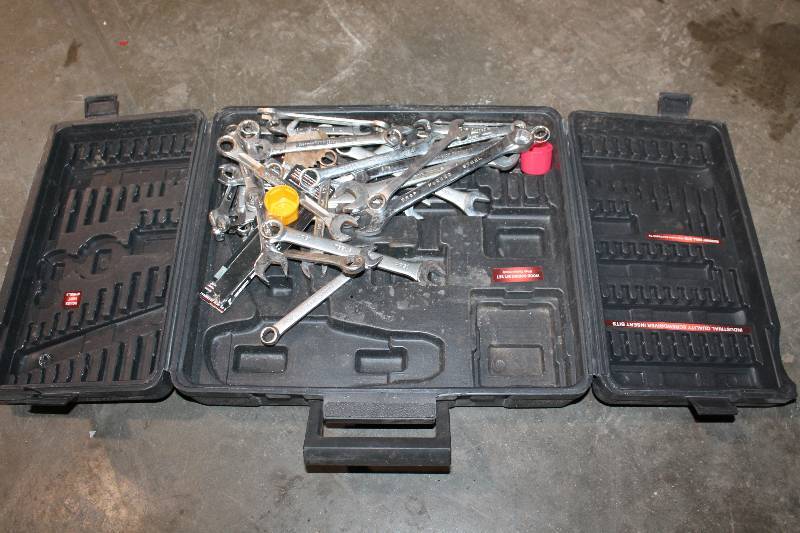 lot 48 image: Plastic Tool Box w Tools - Wrenches