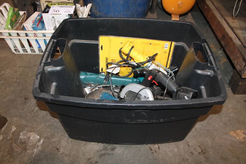 lot 51 image: Power Tools - Craftsman 18V Cordless Circular Saw, Corded Shop Light, Rockwell Cordless Drill, Flashlight w Battery & Charger, Black & Decker Jig Saw, Tool Shop 10-Piece File Assortment