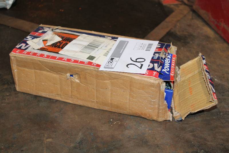 lot 26 image: Bin Lot of Powers Tie Wire Spike Zinc Plated Connectors