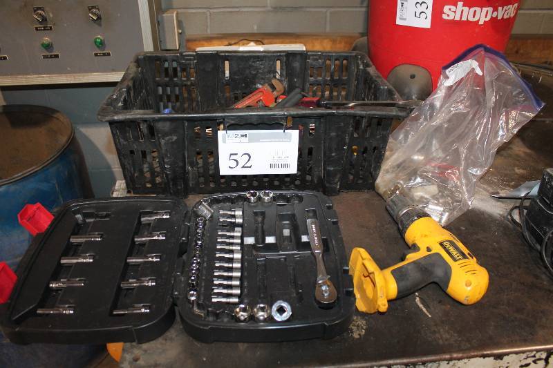 lot 52 image: Tools - Screwdrivers, Nutdrivers, Pipe Wrench, Sockets, Husky 65-Piece 14in. & 38in. Drive Mechanics Tool Set w Case SAE Metric, Dewalt 12in. 12VDC VSR Cordless Adjustable Clutch Drill Driver DW972