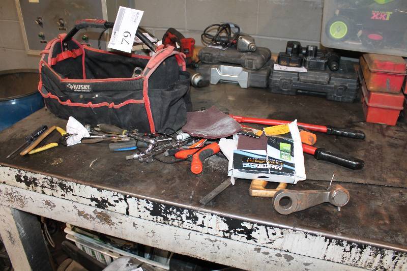 lot 79 image: Husky Soft Side Tool Box w Tools - Bolt Cutters, Screwdrivers, Wire Cutters, Pliers, Wrenches, Sockets, And More