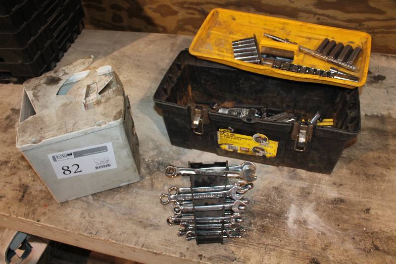 lot 82 image: Tool Box w Caddy, Tools - Sockets, Wrenches, Plastic Bin of Misc Fittings