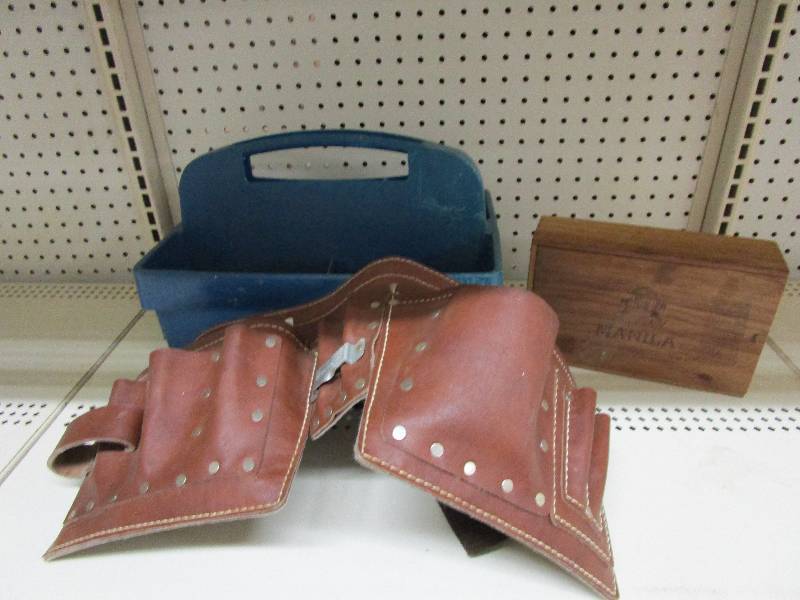 lot 98 image: Tool Carrier, Tool Belt and Wood Cigar Box