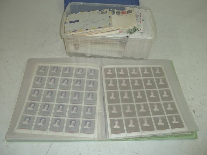 Folder of Sheet Stamps and Tote of stamps
