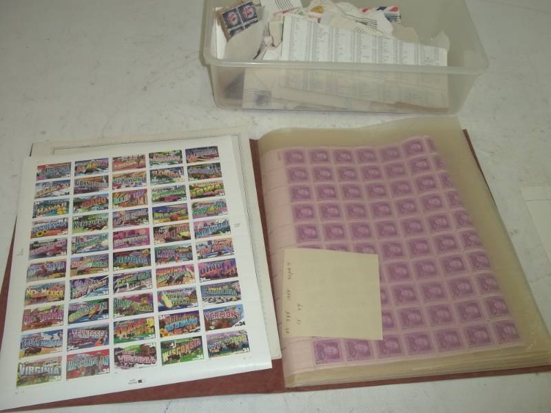 Folder of Sheet Stamps and Tote of stamps