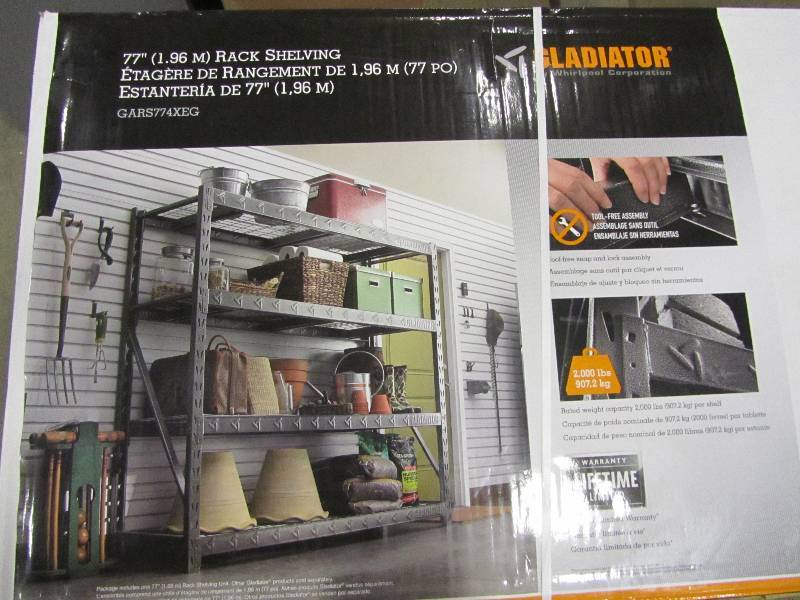 lot 4 image: Gladiator 73 in. H x 77 in. W x 24 in. D 4-Shelf Welded Steel Garage Shelving Unit (x3)