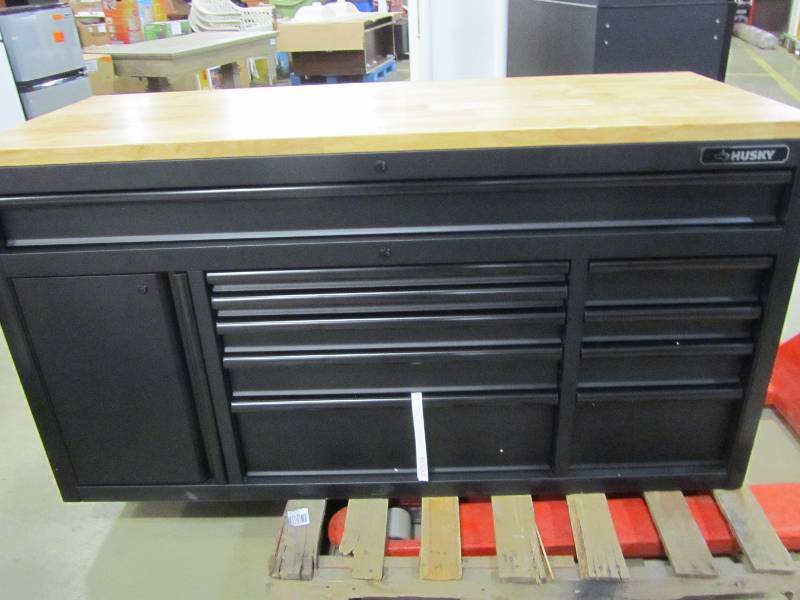 lot 5 image: Husky 60 in. 10-Drawer and 1-Door 24 in. D Textured Black Matte Mobile Workbench, Sliding Pegboard and Shelf