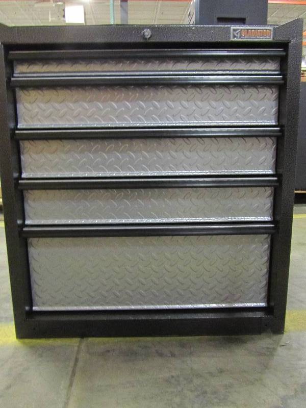 lot 9 image: Gladiator Premier Series Pre-Assembled 35 in. H x 28 in. W x 25 in. D Steel 5-Drawer Rolling Garage Cabinet in Silver Tread