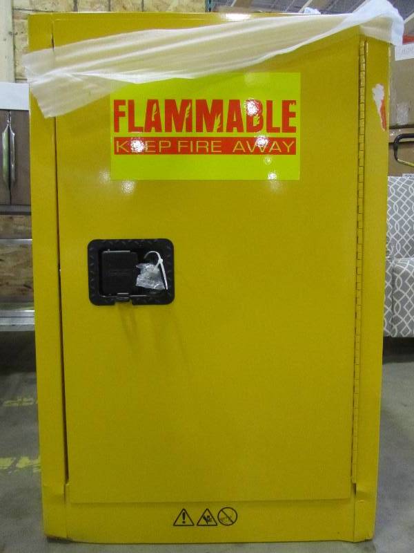 lot 19 image: Edsal 35 in. H x 23 in.W x 18 in. D Steel Freestanding Flammable Liquid Safety Single-Door Storage Cabinet in Yellow