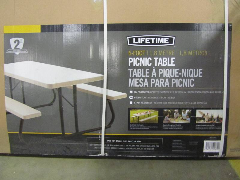 lot 48 image: Lifetime 6 ft. Folding Picnic Table with Benches (x2)