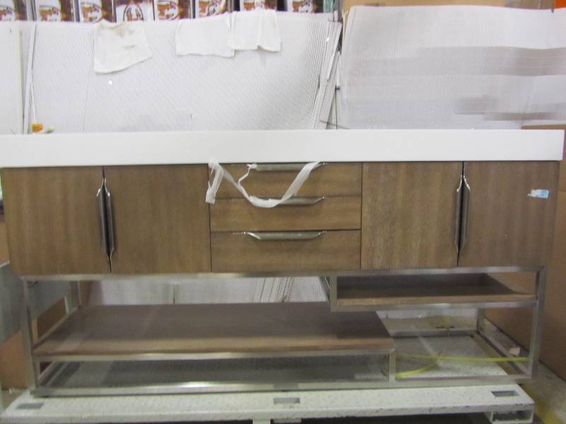lot 51 image: James Martin Signature Vanities Mercer Island 72 in. W Double Vanity in Latte Oak with Solid Surface Vanity Top in White