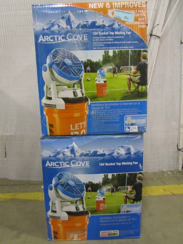 lot 58 image: Arctic Cove 18-Volt Two Speed Misting Bucket Top Fan (x2)