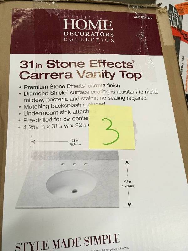 lot 3 image: Home Decorators Collection 31 in. Stone Effects Carrera Vanity Top open box never used