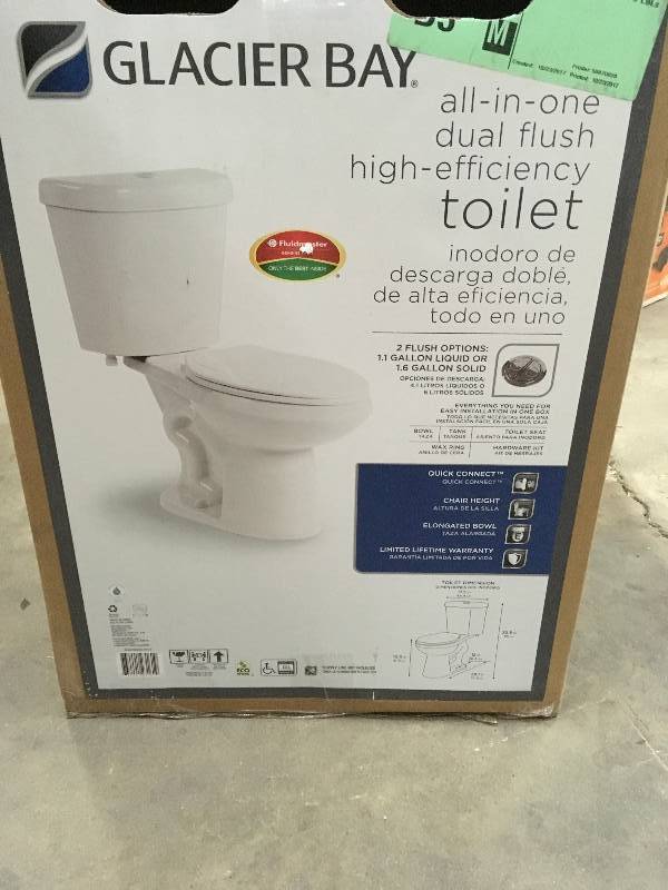 lot 6 image: Glacier Bay 2-Piece 1.1 GPF1.6 GPF High Efficiency Dual Flush Complete Elongated Toilet in White open box never used