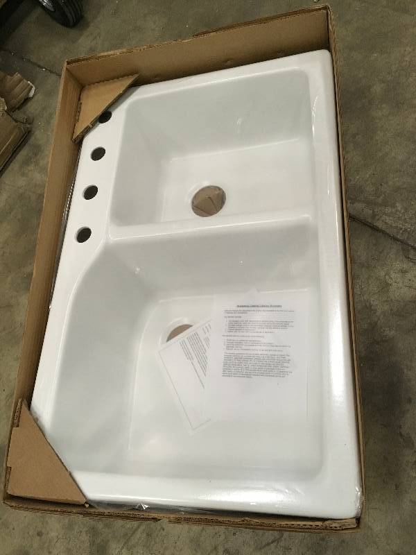 lot 7 image: Mont Blanc Granite 52400Q Kitchen Sink, 4 Hole Soft White Composite Granite open box never used