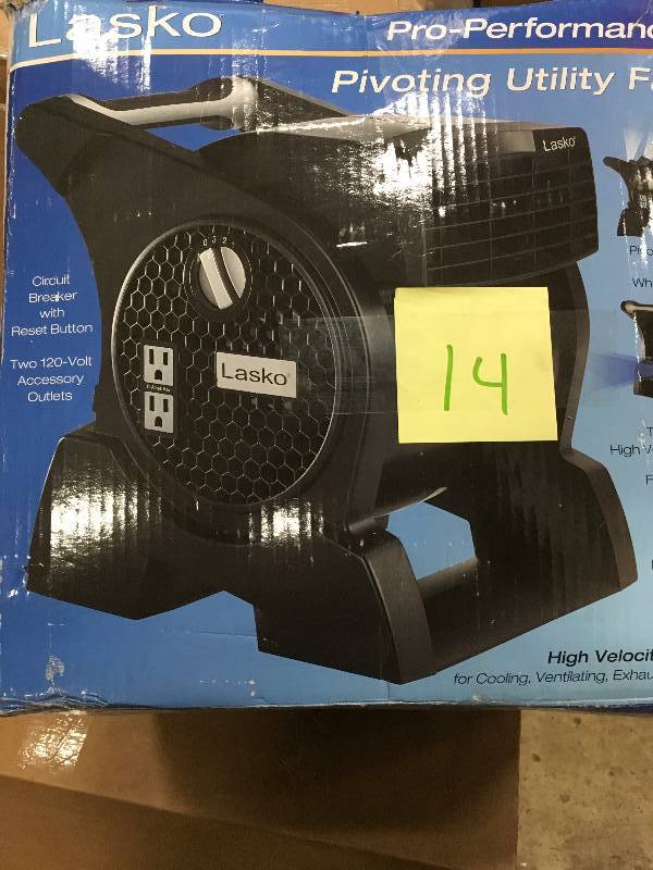 lot 14 image: Lasko Pro-Performance Pivoting Utility Fan open box never used