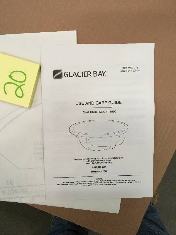 lot 20 image: Glacier Bay Oval Undermounted Bathroom Sink in White open box never used