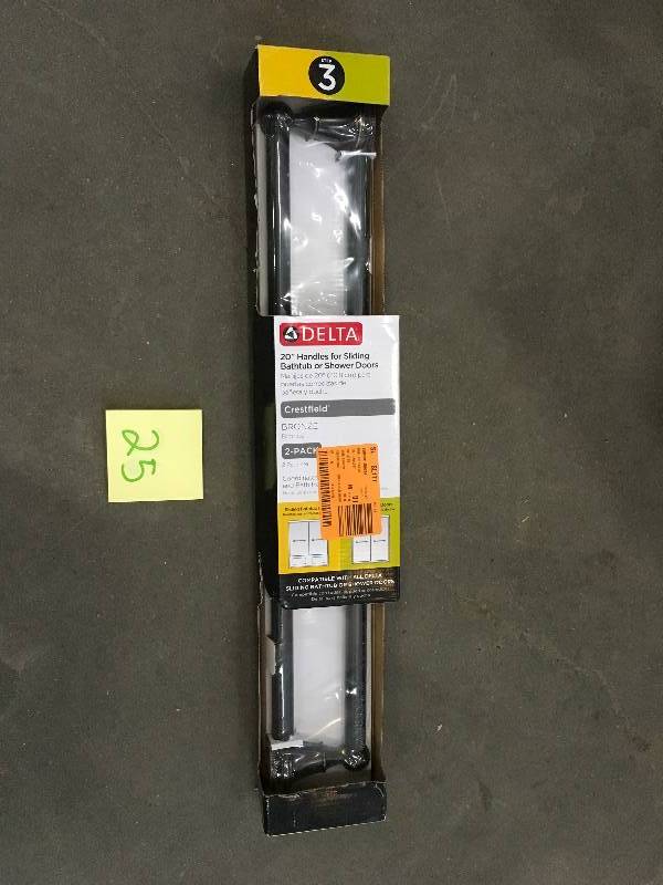 lot 25 image: Delta 20 Handles for Sliding Bathtub or Shower Doors open box never used
