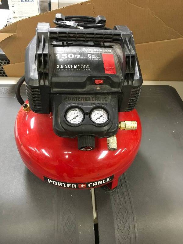 lot 10 image: Porter Cable 6 Gallon Pancake Air Compressor 150 PSI in working conditions