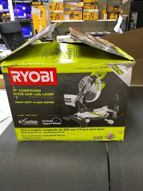lot 35 image: Ryobi 10 Compound Miter Saw with Laser in like new working conditions