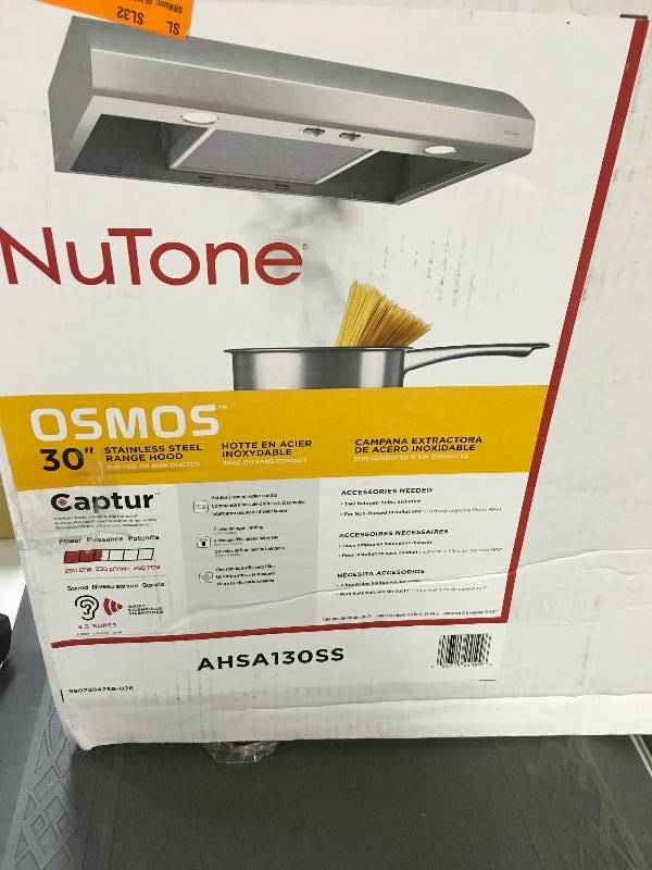 lot 38 image: NuTone Osmos 30 in. Convertible Range Hood in Stainless Steel (Silver) open box never used