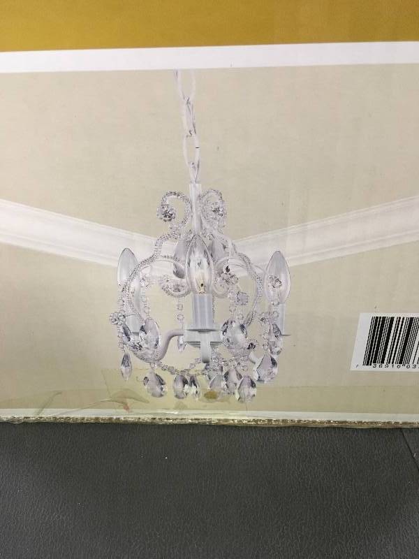 lot 39 image: Hampton Bay 3-Light White Mini Chandelier with Crystal Drops and Crystal Bead Strands open box never used
