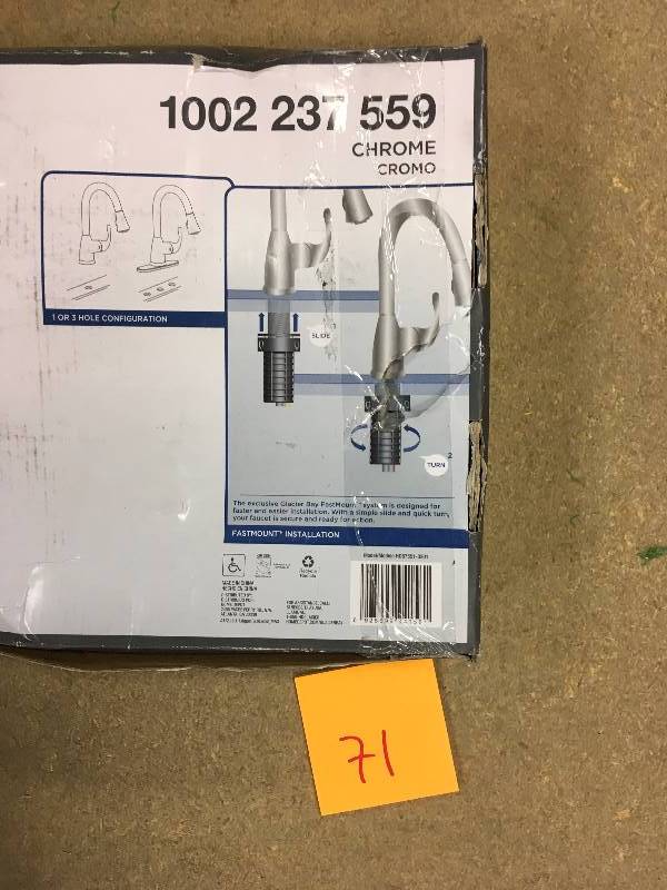lot 71 image: Glacier Bay Market Single-Handle Pull-Down Sprayer Kitchen Faucet in Polished Chrome (Grey) open box never used