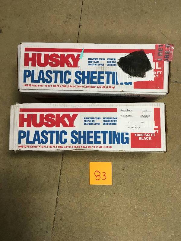 lot 83 image: Husky 10 ft. x 100 ft. Black 2 mil Plastic Sheeting - Lot of 2 open box never used