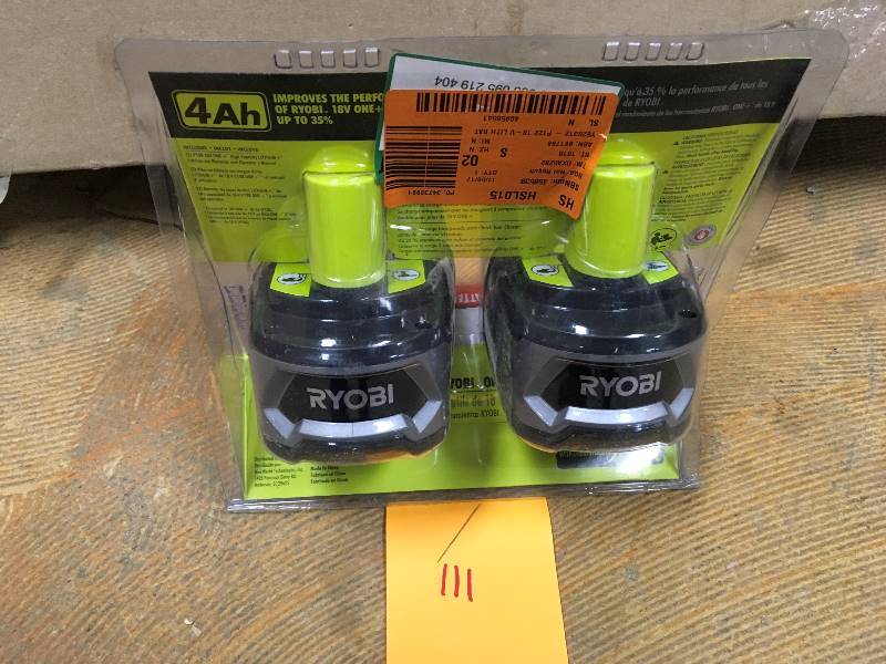 lot 111 image: Ryobi 18-Volt ONE Lithium-Ion High Capacity Lithium Battery Pack 4.0Ah (2-Pack) open box never used