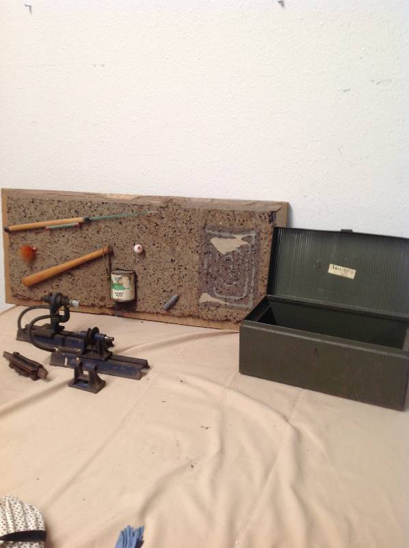 lot 34 image: Older Tool and Ice Fishing Cork Board