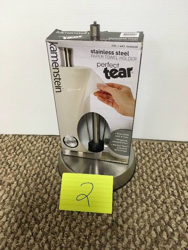lot 2 image: Kamenstein Stainless Steel Paper Towel Holder open box never used