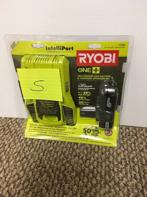 lot 5 image: Ryobi One  18 Volt Lithium-Ion Battery & Charger Upgrade Kit open box never used