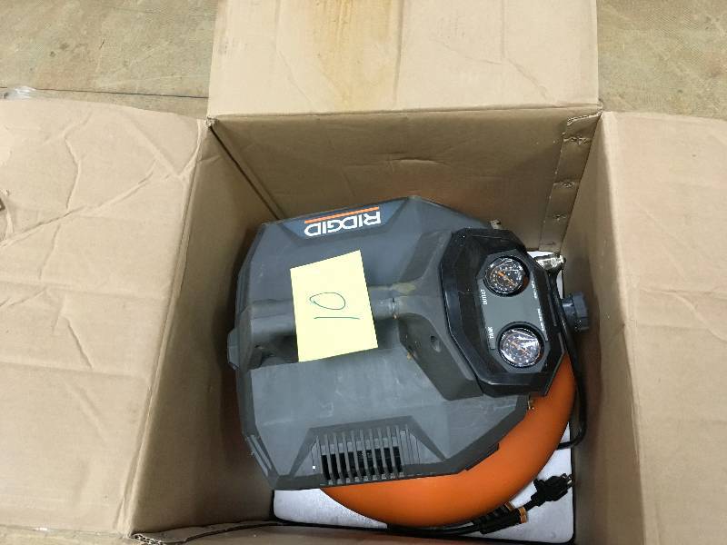 lot 10 image: Ridgid 6 Gallon Pancake Air Compressor 150 Max PSI and 2.6 SCFM in working conditions