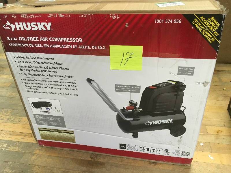 lot 17 image: Husky 8 Gallon Hotdog Oil Free Air Compressor in Like new working conditions