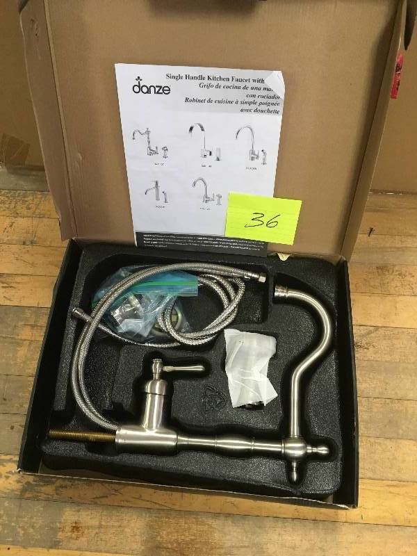 lot 36 image: Danze Opulence 1H Kitchen Faucet wSpray 1 75gpm Aerationn2 2gpm Spray Stainless Steel open box never used