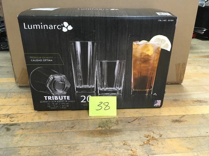 lot 38 image: Luminarc Tribute 20-Piece Clear Drinking Glasses and Tumbler - Missing 2 open box never used