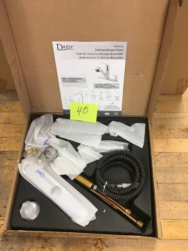 lot 40 image: Danze Melrose D455612 Single Handle Pull Out Kitchen Faucet with Soap Dispenser open box never used
