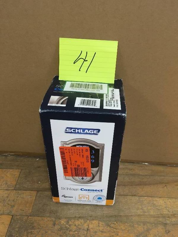 lot 41 image: Schlage Connect Camelot Satin Nickel Touchscreen Deadbolt with Alarm open box never used