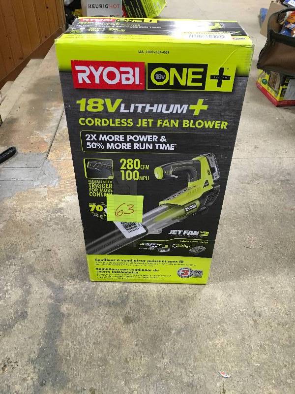 lot 63 image: Ryobi One  18 Volt Lithium  Cordless Jet Fan Blower, 280 CFM, 100MPH open box never used
