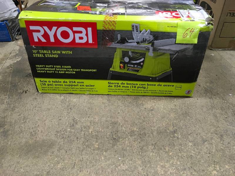 lot 64 image: Ryobi 10 Table Saw with Steel Stand open box never used