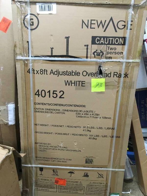 lot 73 image: NewAge 4 ft x 8 ft Adjustable Overhead Rack open box never used