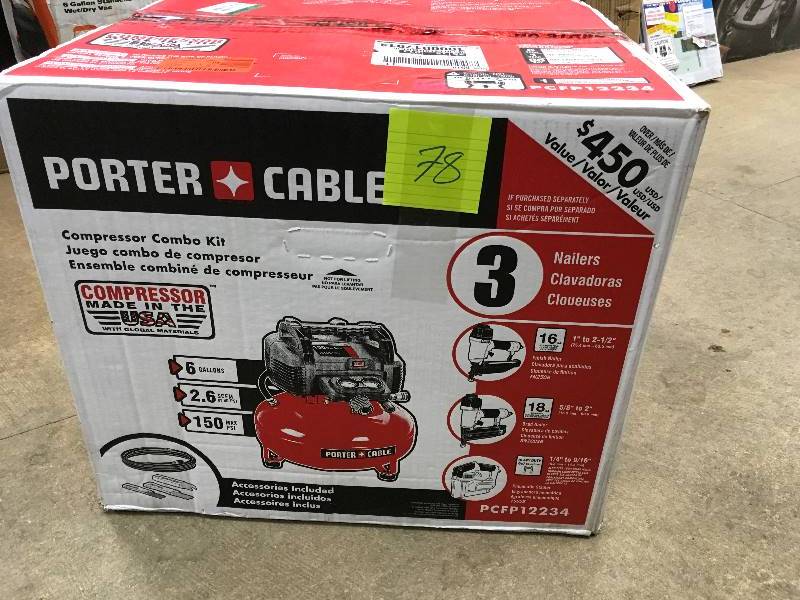 lot 78 image: Porter Cable 6 Gallon Oil Less Compressor Combo Kit in working conditions